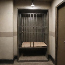 A traditional, grim-looking jail booth with metallic bars, a small cot, a hard stool and a dim lantern hanging on the wall.