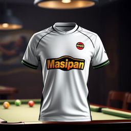 A striking billiard jersey in a white color combination featuring the Masipan logo, designed with sporty elegance