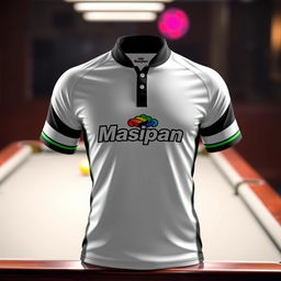 A striking billiard jersey in a white color combination featuring the Masipan logo, designed with sporty elegance