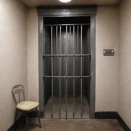 A traditional, grim-looking jail booth with metallic bars, a small cot, a hard stool and a dim lantern hanging on the wall.