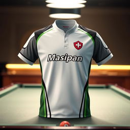 A striking billiard jersey in a white color combination featuring the Masipan logo, designed with sporty elegance