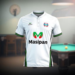 A striking billiard jersey in a white color combination featuring the Masipan logo, designed with sporty elegance