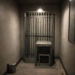 A traditional, grim-looking jail booth with metallic bars, a small cot, a hard stool and a dim lantern hanging on the wall.