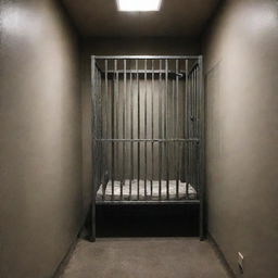 A traditional, grim-looking jail booth with metallic bars, a small cot, a hard stool and a dim lantern hanging on the wall.