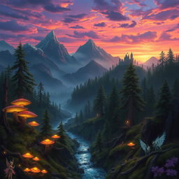 A breathtaking Dungeons and Dragons landscape featuring a mystical forest with towering ancient trees, luminous glowing mushrooms, and a sparkling river flowing through it