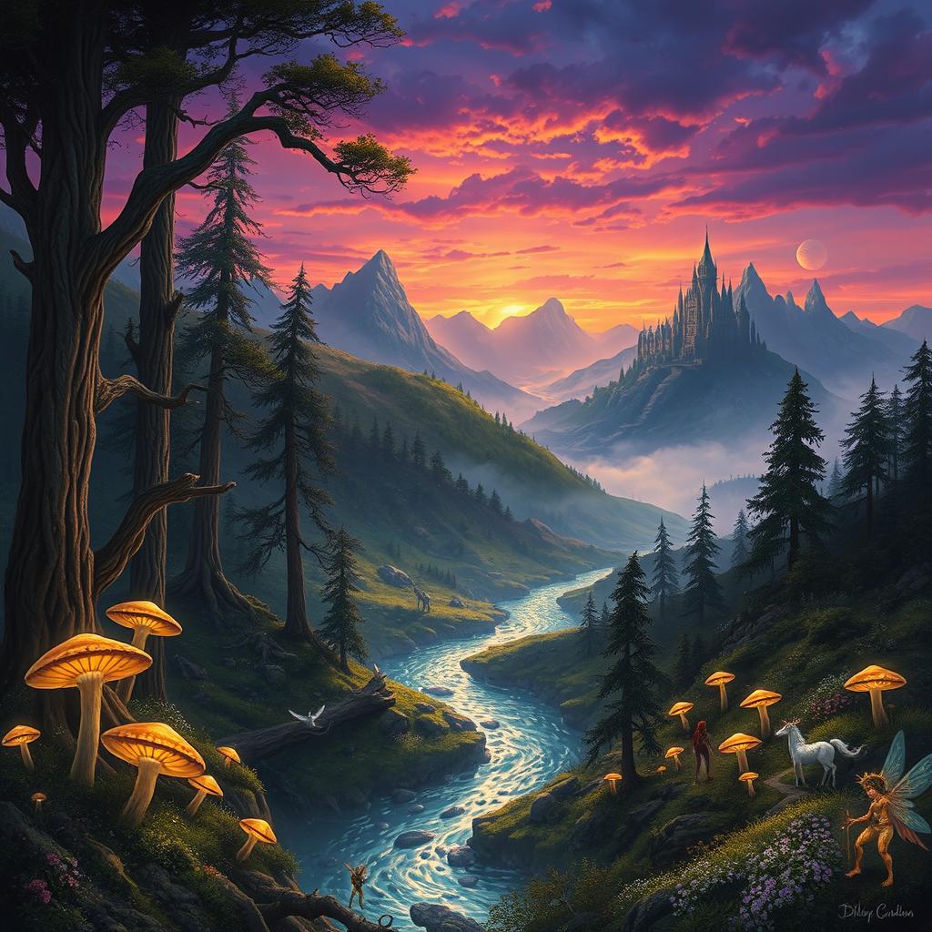 A breathtaking Dungeons and Dragons landscape featuring a mystical forest with towering ancient trees, luminous glowing mushrooms, and a sparkling river flowing through it