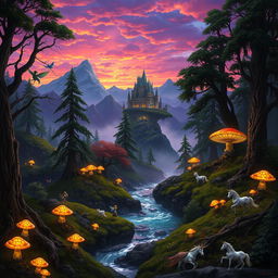 A breathtaking Dungeons and Dragons landscape featuring a mystical forest with towering ancient trees, luminous glowing mushrooms, and a sparkling river flowing through it