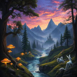 A breathtaking Dungeons and Dragons landscape featuring a mystical forest with towering ancient trees, luminous glowing mushrooms, and a sparkling river flowing through it