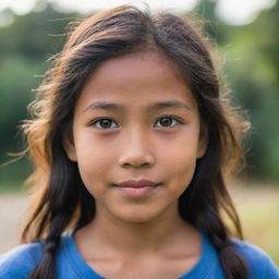 A portrait of a Filipino girl, her eyes radiant with bravery and kindness, her hair gently cascading down her shoulders.