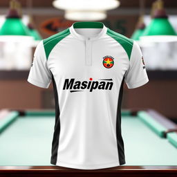 A stylish billiard jersey featuring a white color combination with vibrant accents, incorporating the Masipan logo prominently on the front