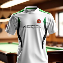 A stylish billiard jersey featuring a white color combination with vibrant accents, incorporating the Masipan logo prominently on the front