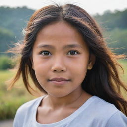 A portrait of a Filipino girl, her eyes radiant with bravery and kindness, her hair gently cascading down her shoulders.