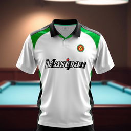 A stylish billiard jersey featuring a white color combination with vibrant accents, incorporating the Masipan logo prominently on the front