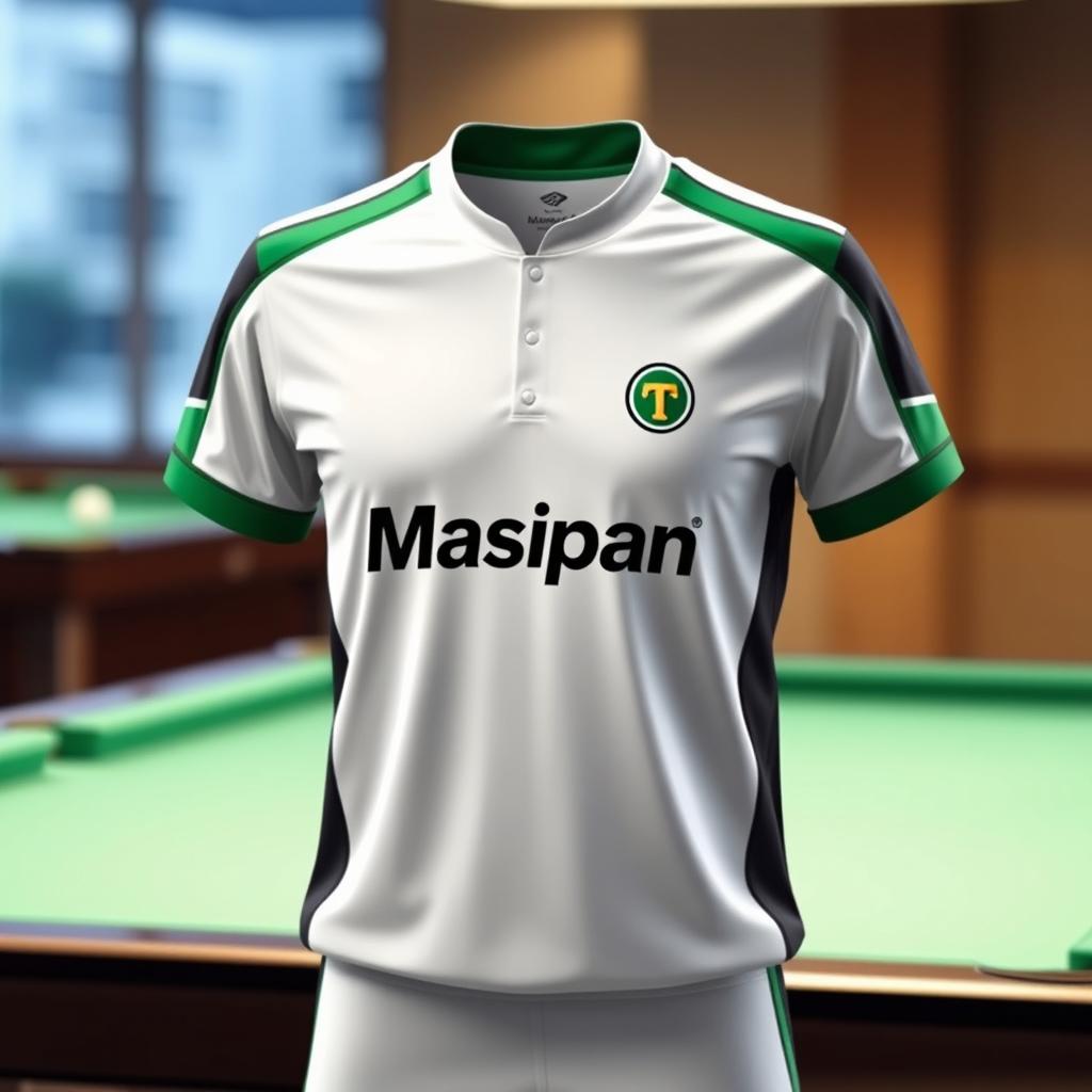 A stylish billiard jersey featuring a white color combination with vibrant accents, incorporating the Masipan logo prominently on the front