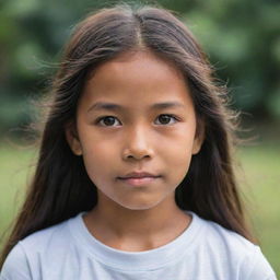 A portrait of a Filipino girl, her eyes radiant with bravery and kindness, her hair gently cascading down her shoulders.