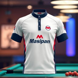 A striking billiard jersey designed with a Mosconi-inspired theme, featuring a vibrant white color combination