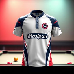 A striking billiard jersey designed with a Mosconi-inspired theme, featuring a vibrant white color combination