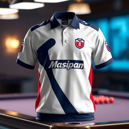 A striking billiard jersey designed with a Mosconi-inspired theme, featuring a vibrant white color combination