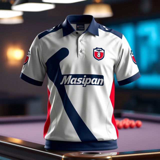 A striking billiard jersey designed with a Mosconi-inspired theme, featuring a vibrant white color combination