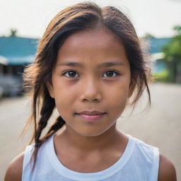 A portrait of a Filipino girl, her eyes radiant with bravery and kindness, her hair gently cascading down her shoulders.