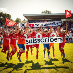 A dynamic scene featuring a young football (soccer) team celebrating after reaching 100 subscribers on their YouTube channel