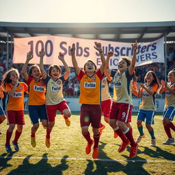 A dynamic scene featuring a young football (soccer) team celebrating after reaching 100 subscribers on their YouTube channel