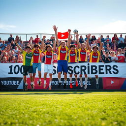 A dynamic scene featuring a young football (soccer) team celebrating after reaching 100 subscribers on their YouTube channel