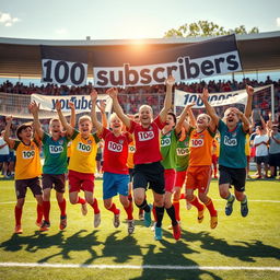 A dynamic scene featuring a young football (soccer) team celebrating after reaching 100 subscribers on their YouTube channel