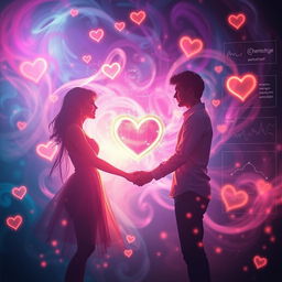 A mesmerizing depiction of the science of love, featuring a vibrant, ethereal atmosphere with swirling colors representing emotions