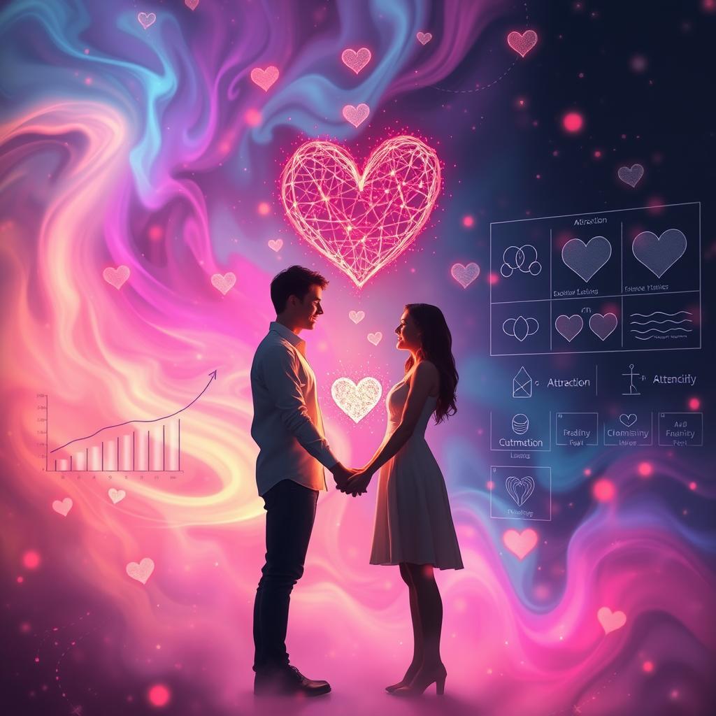 A mesmerizing depiction of the science of love, featuring a vibrant, ethereal atmosphere with swirling colors representing emotions