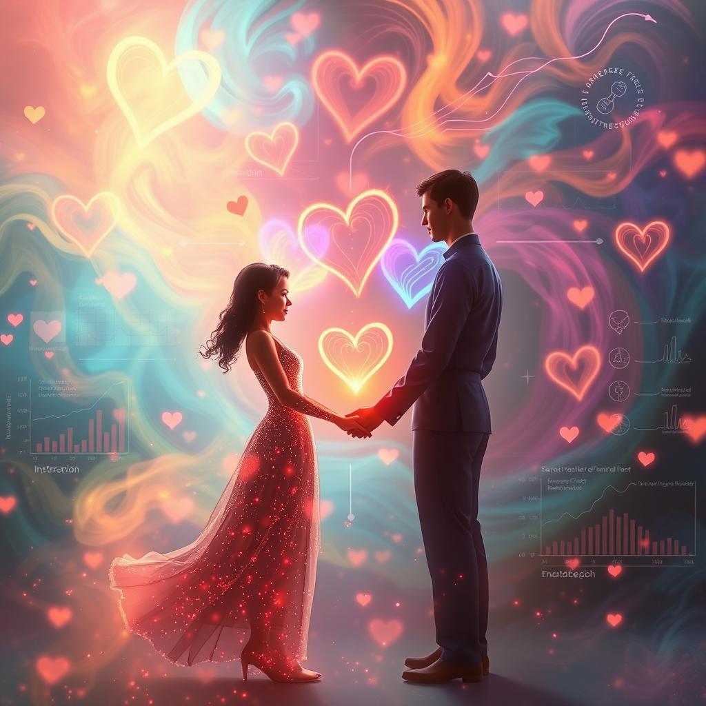 A mesmerizing depiction of the science of love, featuring a vibrant, ethereal atmosphere with swirling colors representing emotions