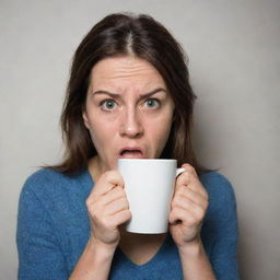 An image of a disgruntled woman, 'Karen', carelessly holding a hot coffee cup, her face contorted in complaint.