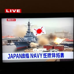 A tense 'LIVE' breaking news broadcast on television featuring low-quality footage of a destroyer ship displaying the Japanese Imperial Flag, actively opening fire on the city of Vladivostok