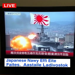 A tense 'LIVE' breaking news broadcast on television featuring low-quality footage of a destroyer ship displaying the Japanese Imperial Flag, actively opening fire on the city of Vladivostok