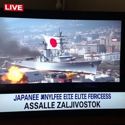 A tense 'LIVE' breaking news broadcast on television featuring low-quality footage of a destroyer ship displaying the Japanese Imperial Flag, actively opening fire on the city of Vladivostok