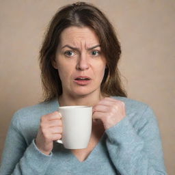 An image of a disgruntled woman, 'Karen', carelessly holding a hot coffee cup, her face contorted in complaint.