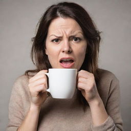 An image of a disgruntled woman, 'Karen', carelessly holding a hot coffee cup, her face contorted in complaint.