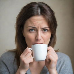 An image of a disgruntled woman, 'Karen', carelessly holding a hot coffee cup, her face contorted in complaint.