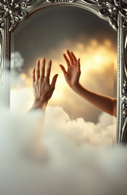 A captivating silver mirror reflecting a hand reaching out from the surface, trying to touch an outstretched hand from outside the mirror, symbolizing a connection between realms