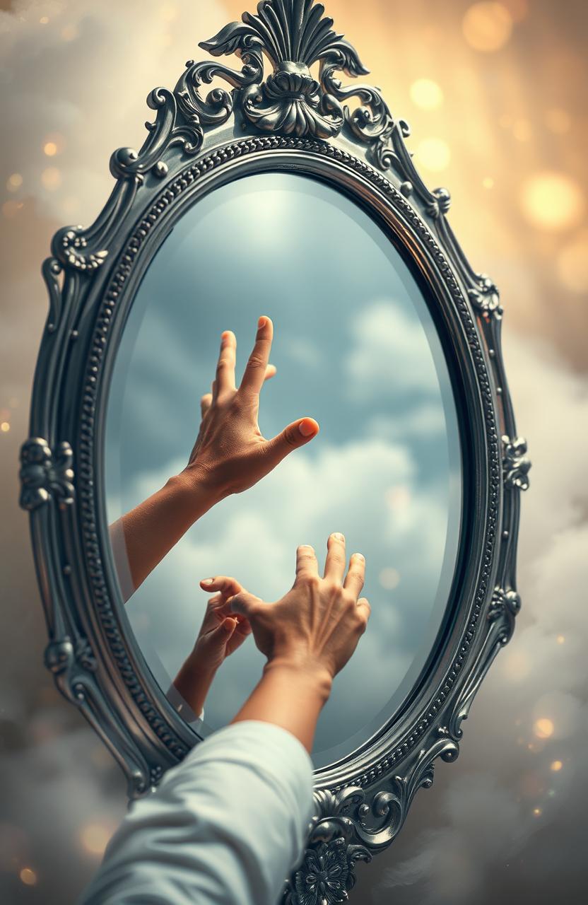 A captivating silver mirror reflecting a hand reaching out from the surface, trying to touch an outstretched hand from outside the mirror, symbolizing a connection between realms