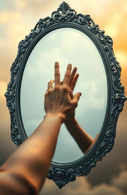 A captivating silver mirror reflecting a hand reaching out from the surface, trying to touch an outstretched hand from outside the mirror, symbolizing a connection between realms