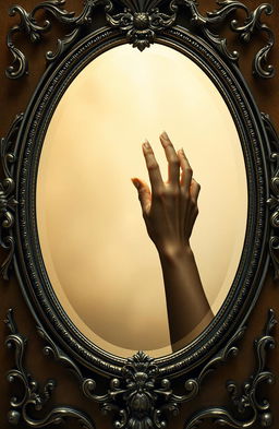 A captivating silver mirror reflecting a hand reaching out from the surface, trying to touch an outstretched hand from outside the mirror, symbolizing a connection between realms