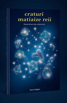 A beautifully designed book cover for a poetry collection titled 'Creaturi matematice reci', featuring an abstract representation of mathematical shapes and creatures