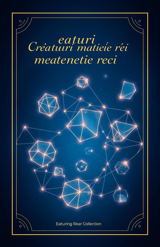 A beautifully designed book cover for a poetry collection titled 'Creaturi matematice reci', featuring an abstract representation of mathematical shapes and creatures