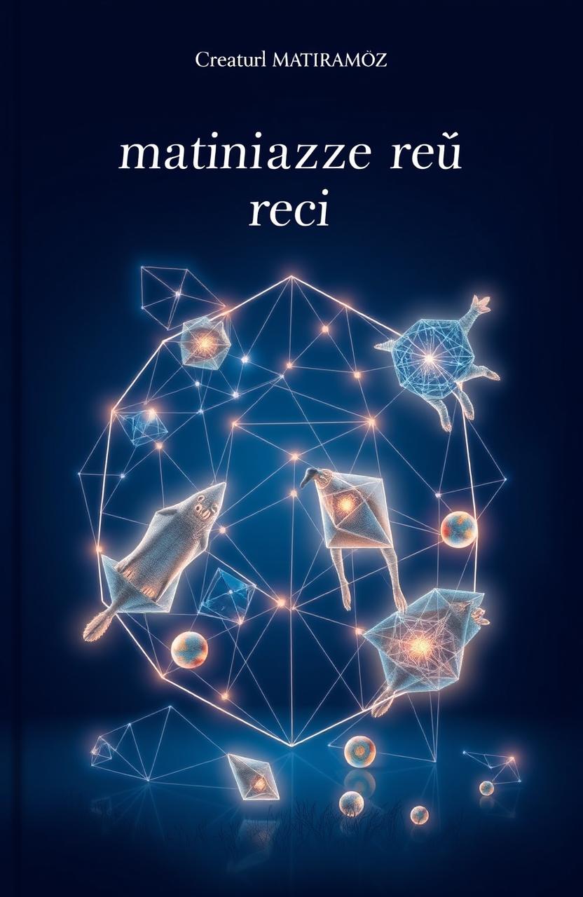 A beautifully designed book cover for a poetry collection titled 'Creaturi matematice reci', featuring an abstract representation of mathematical shapes and creatures