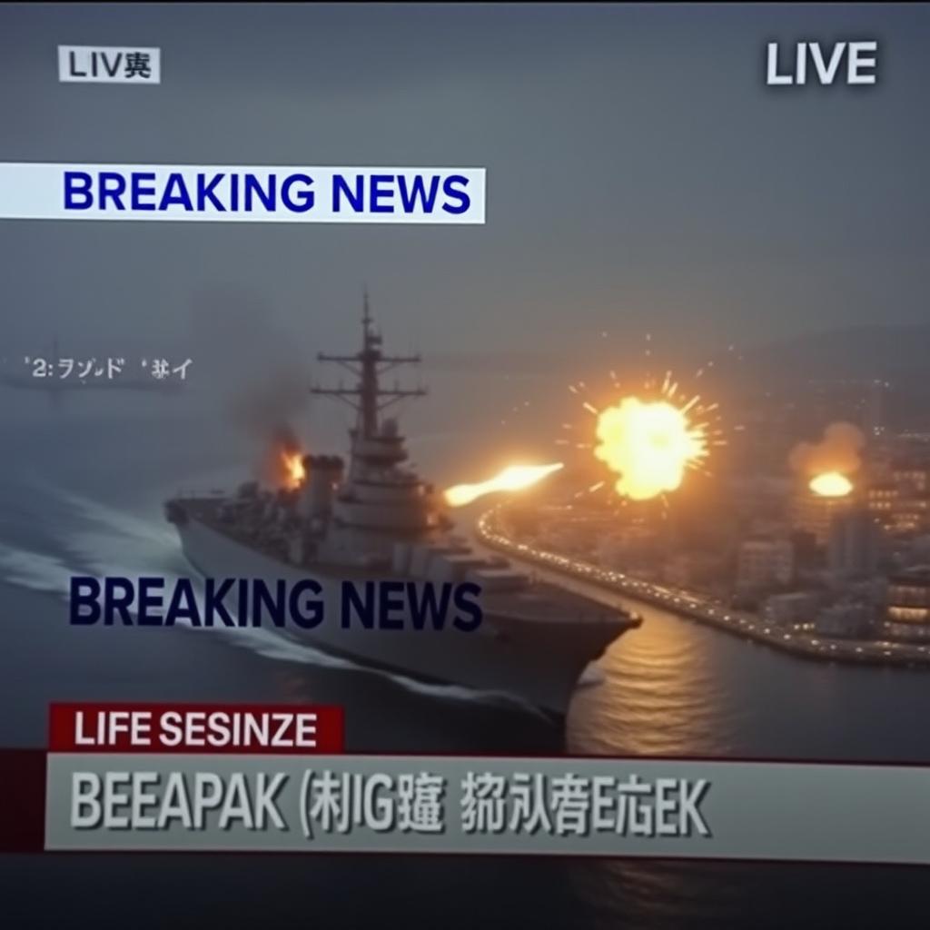 A dramatic depiction of a 'Breaking News LIVE' broadcast featuring an inscription on a white line with blue letters stating: 'Japanese Navy Assaulting Vladivostok