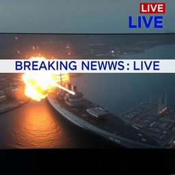 A dramatic depiction of a 'Breaking News LIVE' broadcast featuring an inscription on a white line with blue letters stating: 'Japanese Navy Assaulting Vladivostok