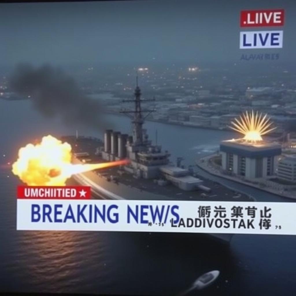 A dramatic depiction of a 'Breaking News LIVE' broadcast featuring an inscription on a white line with blue letters stating: 'Japanese Navy Assaulting Vladivostok