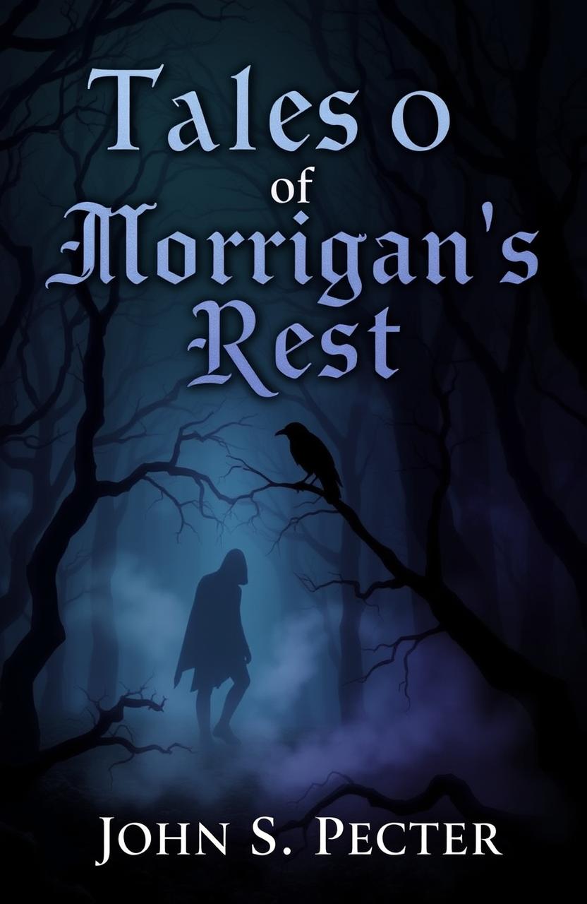 A haunting and atmospheric book cover for 'Tales of Morrigan’s Rest', featuring a misty, dark forest with twisted trees and a faint silhouette of a raven perched ominously on a branch