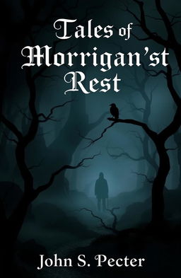 A haunting and atmospheric book cover for 'Tales of Morrigan’s Rest', featuring a misty, dark forest with twisted trees and a faint silhouette of a raven perched ominously on a branch